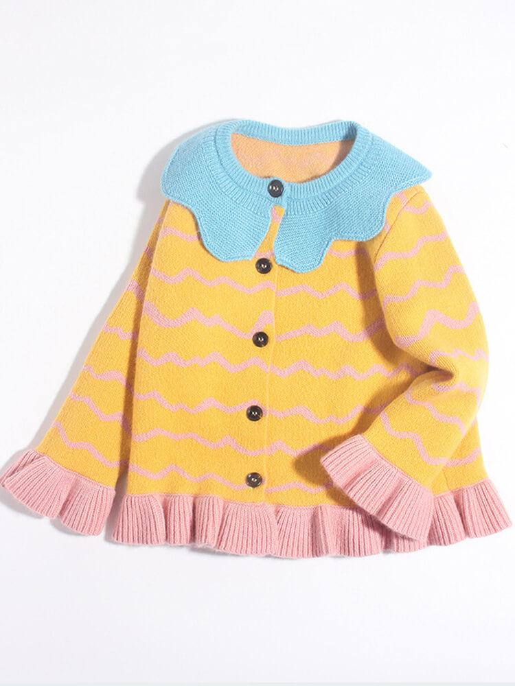 Girls Colorful Button-Up Cashmere Cardigan with Scalloped Trim